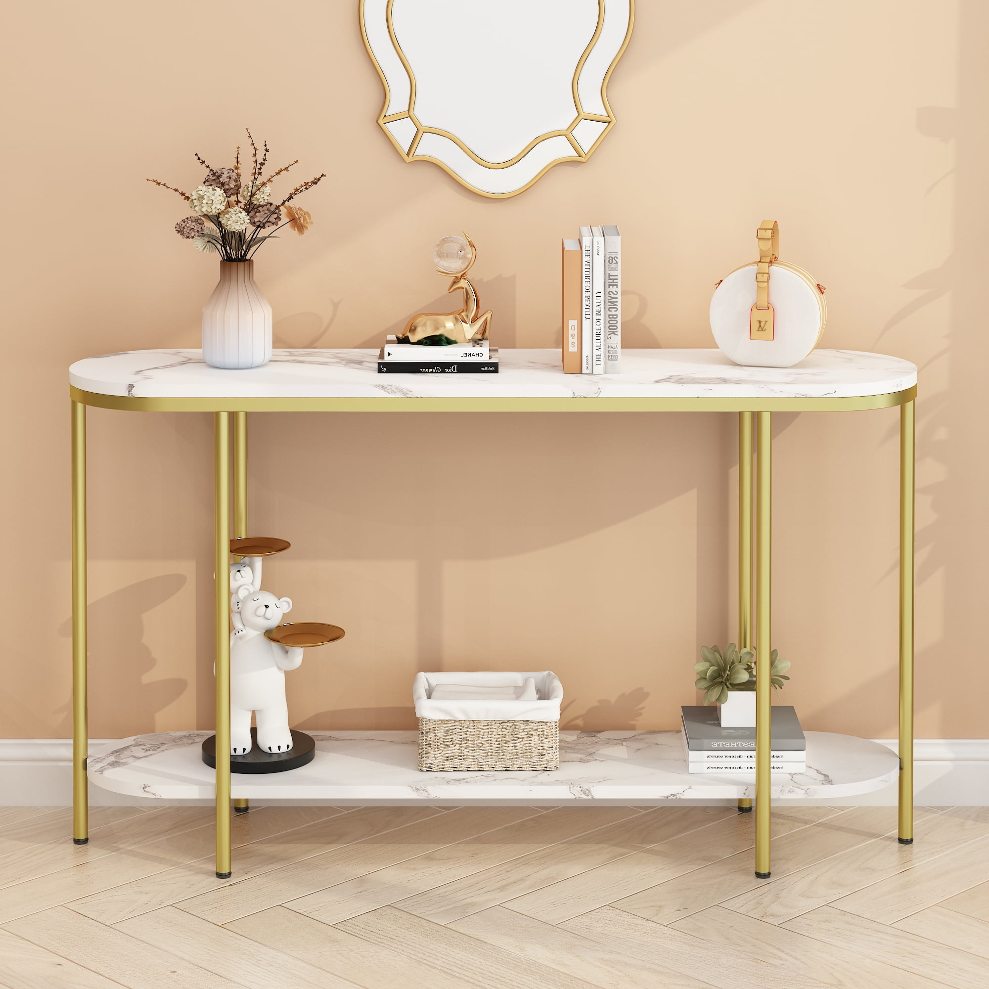 Ktaxon Modern Oval Console Table Entryway Table, 2-Tier Narrow Table Stylish Ideal for Foyer Living Room, Durable Easy to Clean Multifunctional Design