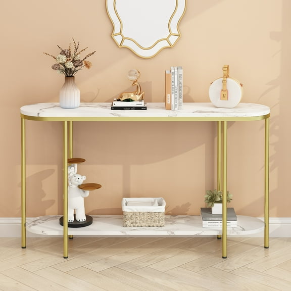 Qiushi 2 Tier Console Table with Storage Shelf, Narrow Faux Marble Entryway Table for Living Room, 42 Inch Sofa Table with Metal Legs for Hallway Office Bedroom, 330lbs Capacity, Gold & White