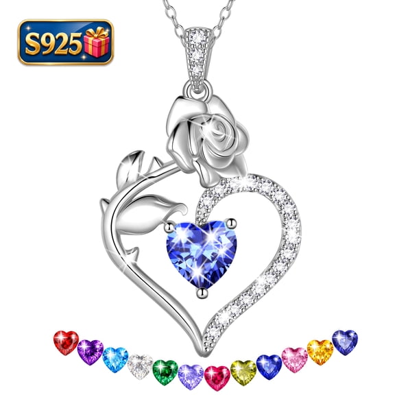 Beautlace 925 Sterling Silver Heart Necklace,Rose Flower Heart December Birthstone Pendant Jewelry Christmas Valentines Mother's Day Gifts for Women Mom Wife/Lover
