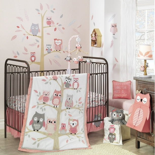 Lambs Ivy Family Tree Pink Gray Owl 6 Piece Nursery Baby Crib