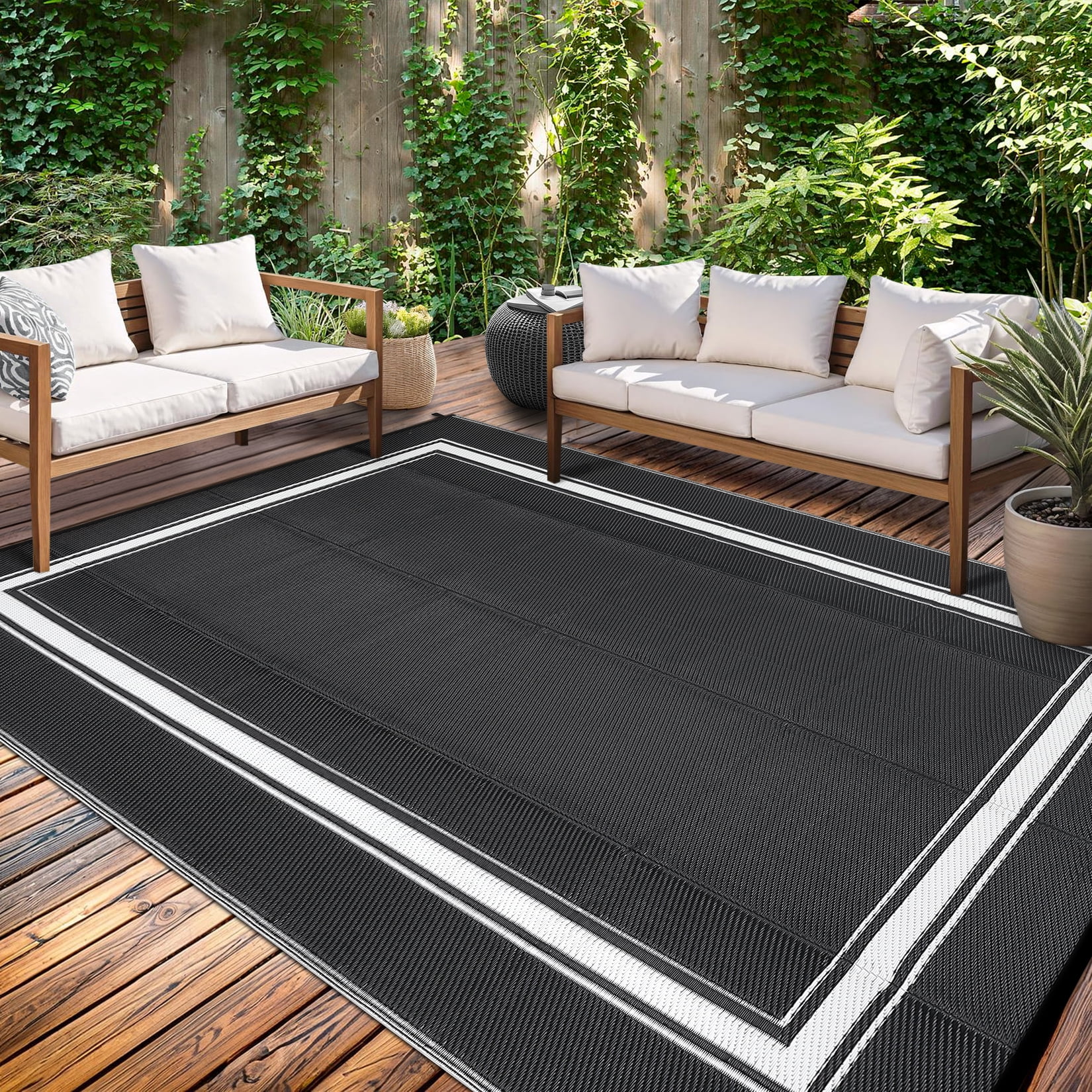 Waterproof Outdoor Rug 9x12 Reversible Plastic Straw Rug Modern Bordered Large Floor Carpet UV Resistant Camping Mat for Outsides RV Patio Backyard Picnic Deck Black/White