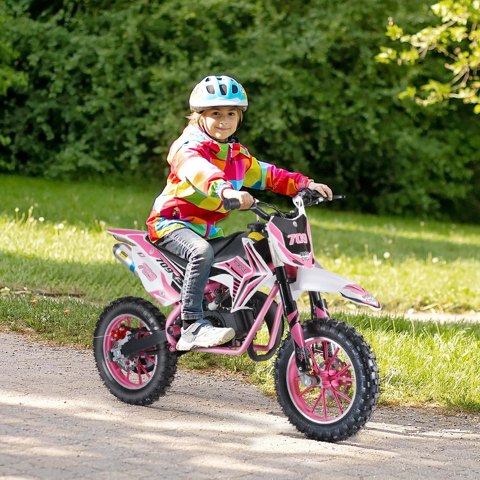 Hzsb 49cc 2-Stroke Kids Dirt Bike, Gas Power Motocross, Off Road Mini Motorcycle, Children Pocket Motorbike with Front Rear Disc Brakes (Pink)