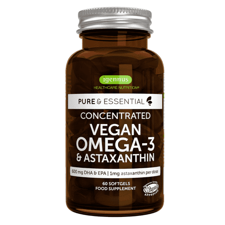Igennus Vegan Omega-3 Natural Triglyceride Algae Oil, DHA & EPA Fatty Acid Supplement, 60 Small Softgels with Astaxanthin, Easy-to-Swallow, Pure & Sustainable, 30 Servings