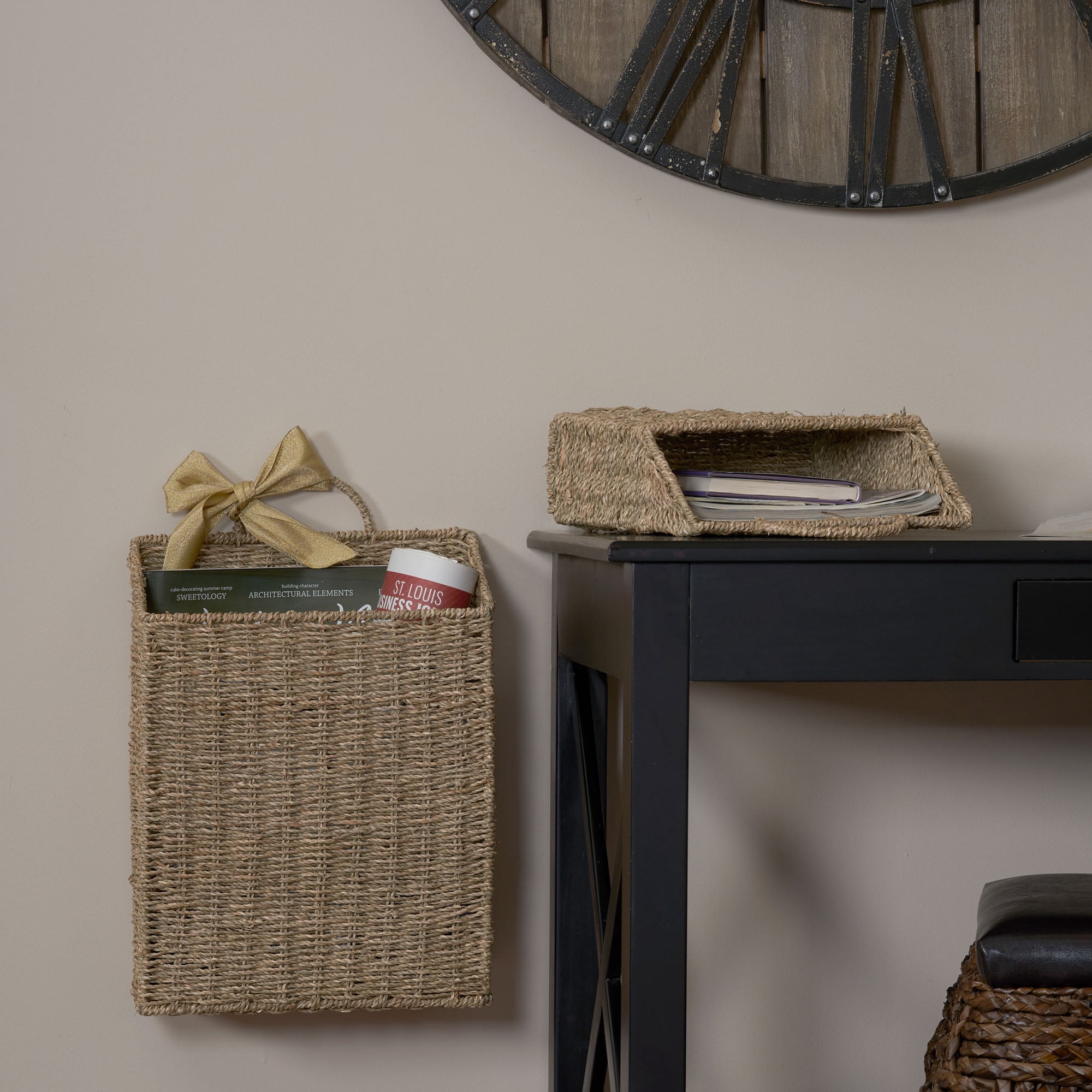 Household Essentials Rectangular Wicker Hanging Baskets, Set of 2, Small and Large, Handwoven Seagrass, Durable Metal Wire Frame, Natural