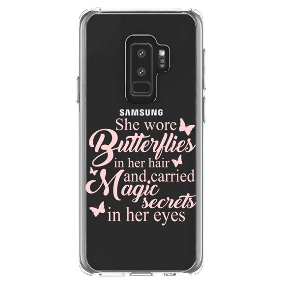 DistinctInk Clear Shockproof Hybrid Case for Samsung Galaxy S9  PLUS (6.2" Screen) - TPU Bumper Acrylic Back Tempered Glass Screen Protector - Butterflies in Her Hari, Magic Secret Eyes