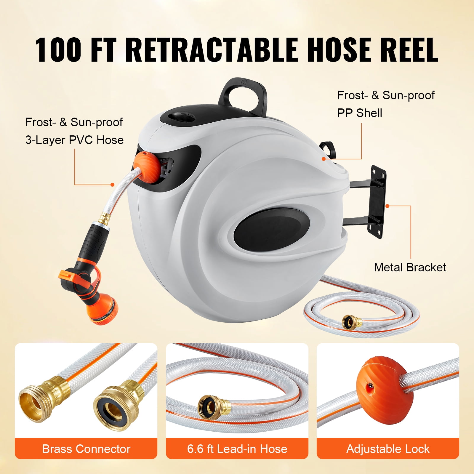 KFFKFF Hose Storage Solution, 100ft x 1/2inch, Wall-Attachable 180° Pivot Bracket, Lawn Water Hose Reel Featuring 9-Setting Spray Nozzle, Auto-Retract, Customizable Length Lock