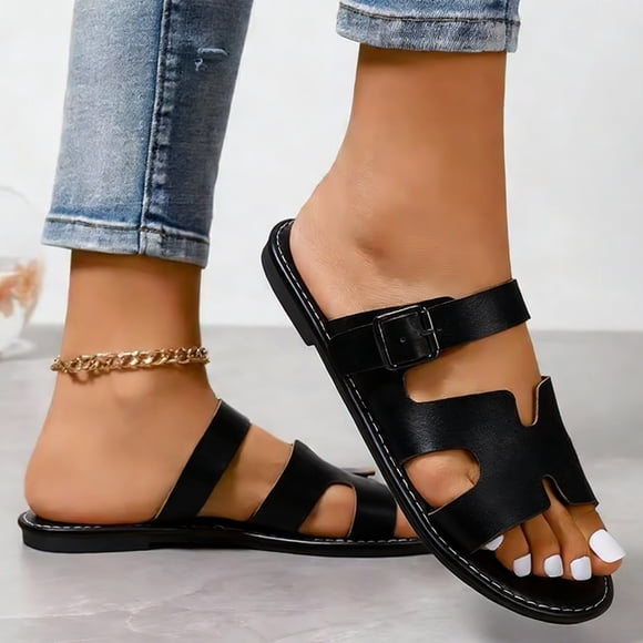 Commforr Sandales d'Été, Sandales de Marche pour Femmes, Sandales Confortables pour Femmes, Sandales Plates Habillées pour Femmes, Sandales à Bout Ouvert pour la Plage avec Semelle en Caoutchouc Antidérapante pour Chaussures d'Été, Noir, 6.5