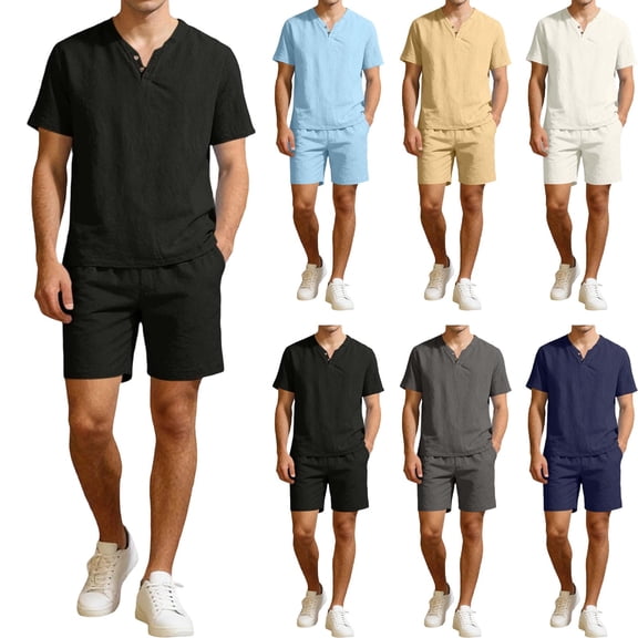 Migroa Men's 2 Pieces Linen Set Henley Shirt Short Sleeve And Drawstring Casual Track Shorts Beach Clothes Vacation Matching Suit Summer Wear Beige L