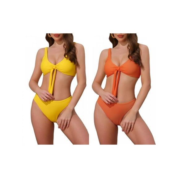 Women's Lace Up Decoration Push Up Bikini Sets 2 Piece Wide Strap Top Triangle Bottom Swimwear Bathing Suits 2 Sets X-Small Yellow, Orange