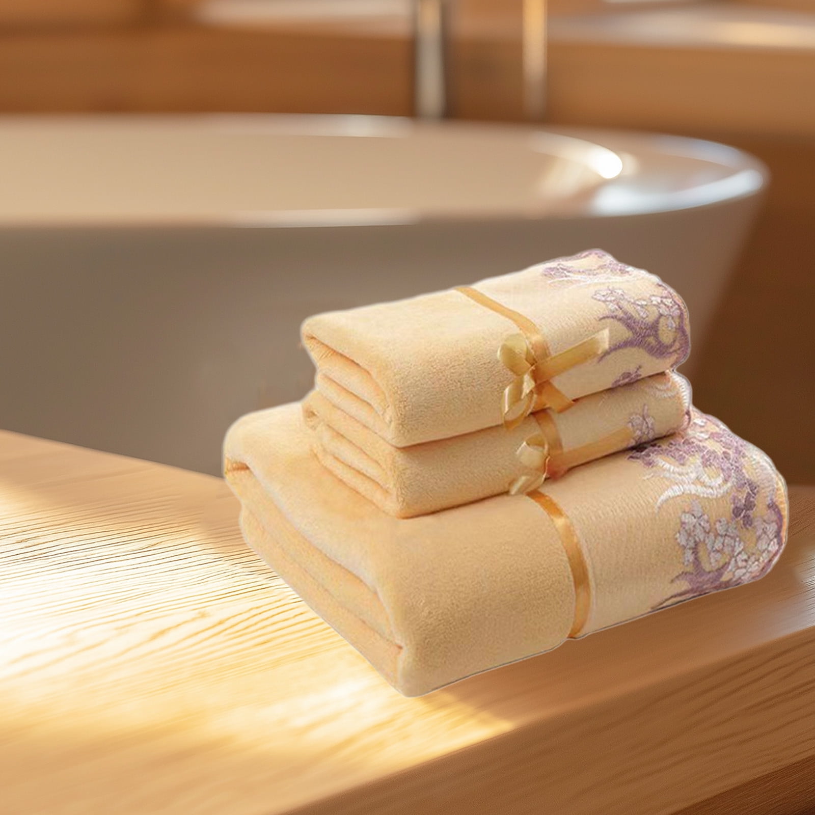 3-Piece Embroidered Bath Towel Set - Soft Absorbent Cotton Gift Towels with Lace Trim for Spa/Bathroom (Yellow)​