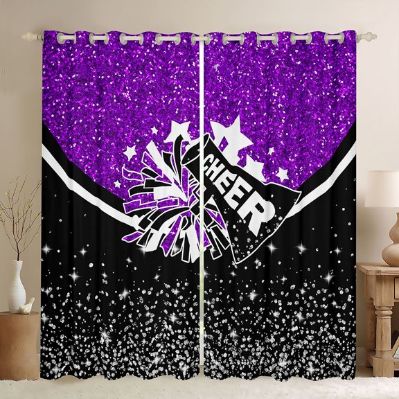 Manfei Cheerleading Cheer Team Curtains Pack of 2 (42x84 Each) for Children Kids Teens,Black Purple Curtains Blackout,Bling Crystal Glitter Bedroom Curtains,Microfiber Bedroom Decor