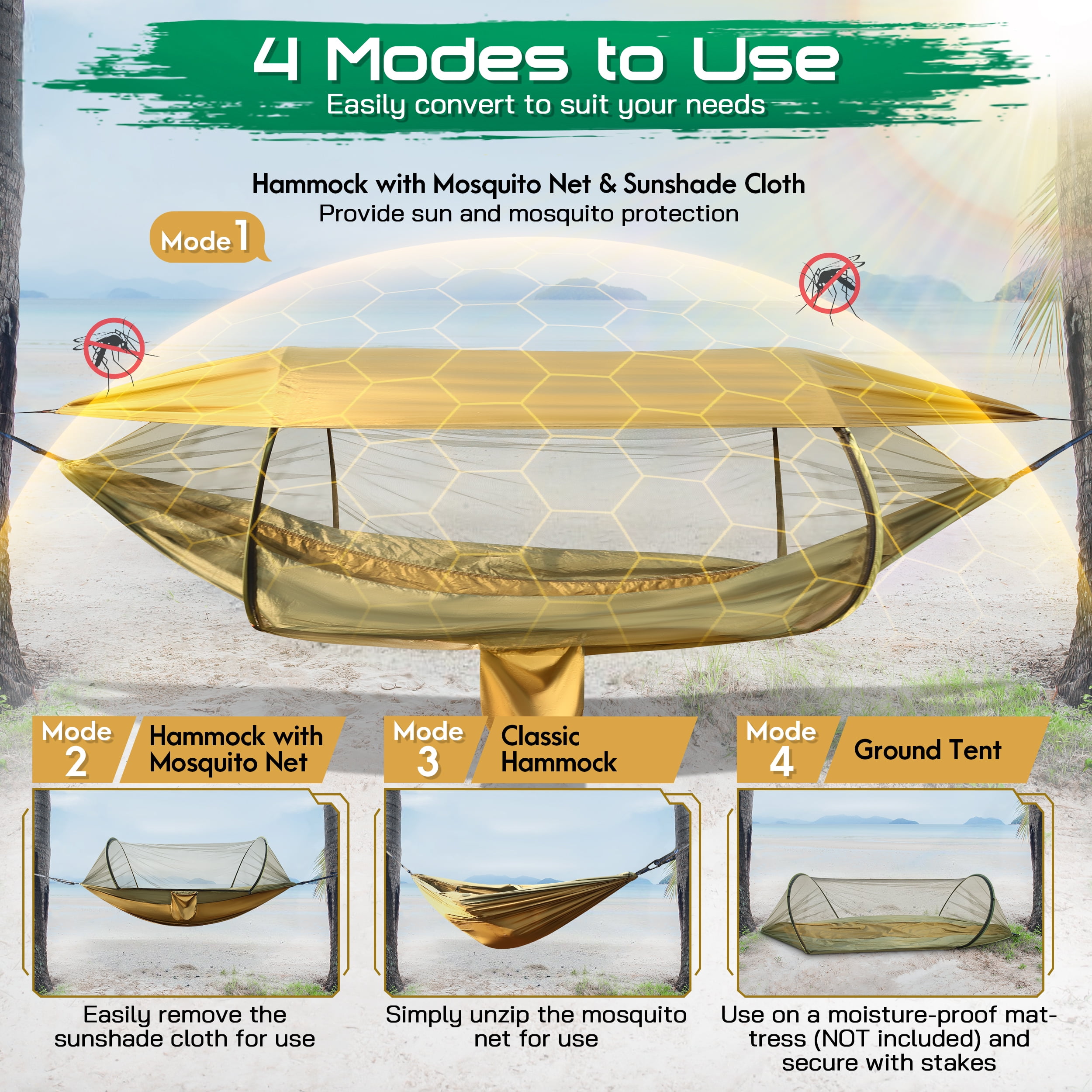 ALILYY Camping Hammock, 4 in 1 Portable Hammock Tent, 2 Person Pop-up Hammock with Mosquito Net & Sunshade Cloth & Tree Straps, 550lbs Max Load Heavy Duty Tree Hammock for Outdoor Camping