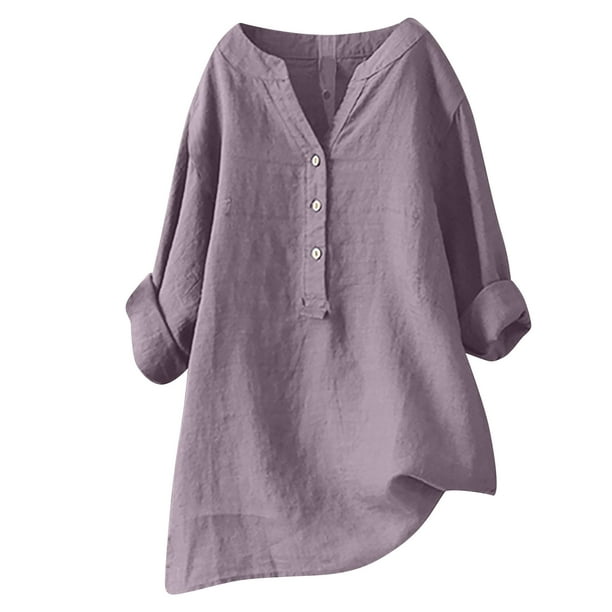 tklpehg Plus Size Tops for Women 3/4 Roll Sleeve Cotton And Linen Tunic ...