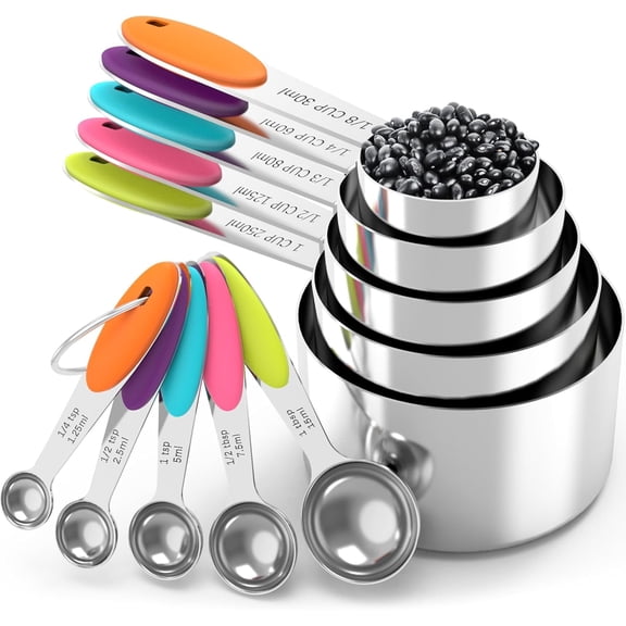 CZQ Magnetic Measuring Cups and Spoons Set  304 Stainless Steel，Double Measurement Markings，Leveler for Measure Dry and Liquid Ingredients（10 of)