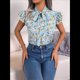 thumbnail image 5 of Blusas Bohemias de con Cuello Alto, Corta con Volantes y Estampado Floral para Mujer, Estilo Informal, Elegante, de Verano 2025. Azul XL, 5 of 7
