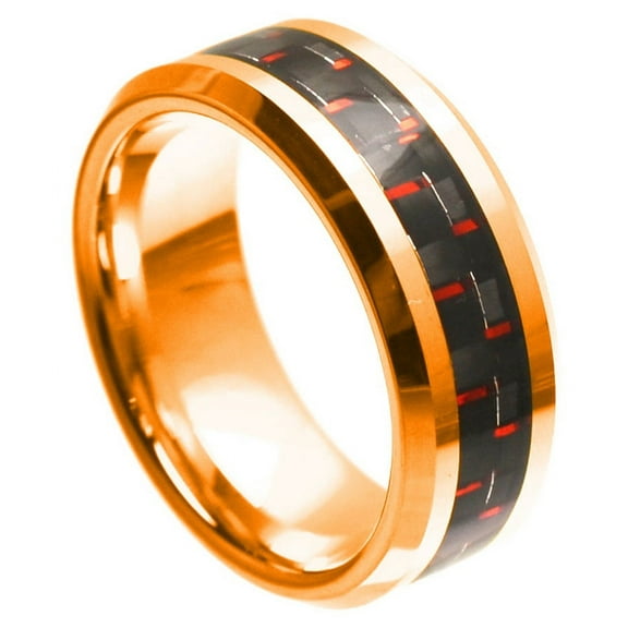 8mm Tungsten Carbide Rose Gold Plated Black & Red Carbon Fiber Inlay Wedding Band Ring For Men Or Ladies