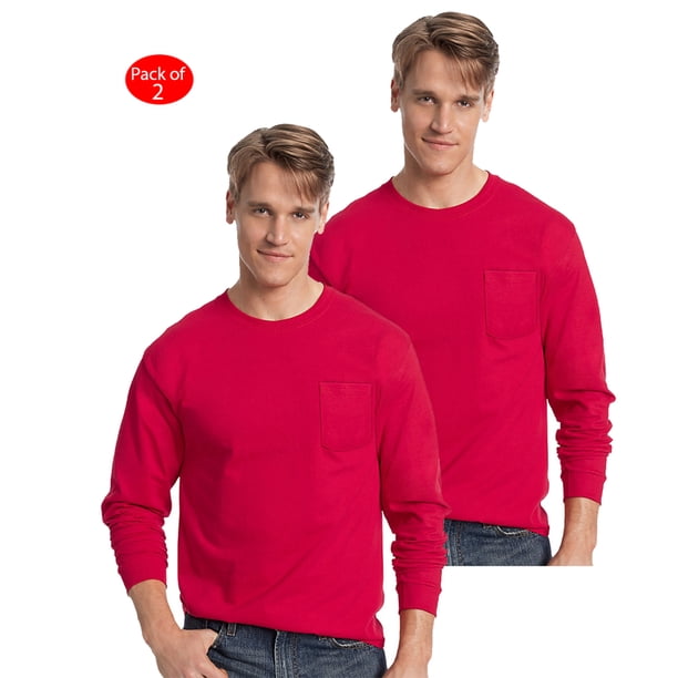 Red Tag Less Hanes Men's TAGLESS; Long-Sleeve T-Shirt with Pocket, Color: Deep Red ...