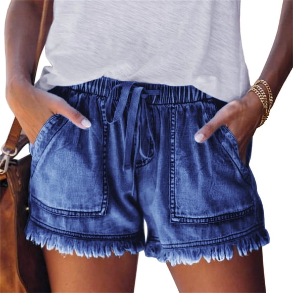 Pantalones cortos de mezclilla suaves para mujer, pantalones cortos de tela vaquera para niñas y adolescentes, ropa de verano para mujer Prendas para la parte inferior del cuerpo Azul oscuro L Sonducket AP010851-18