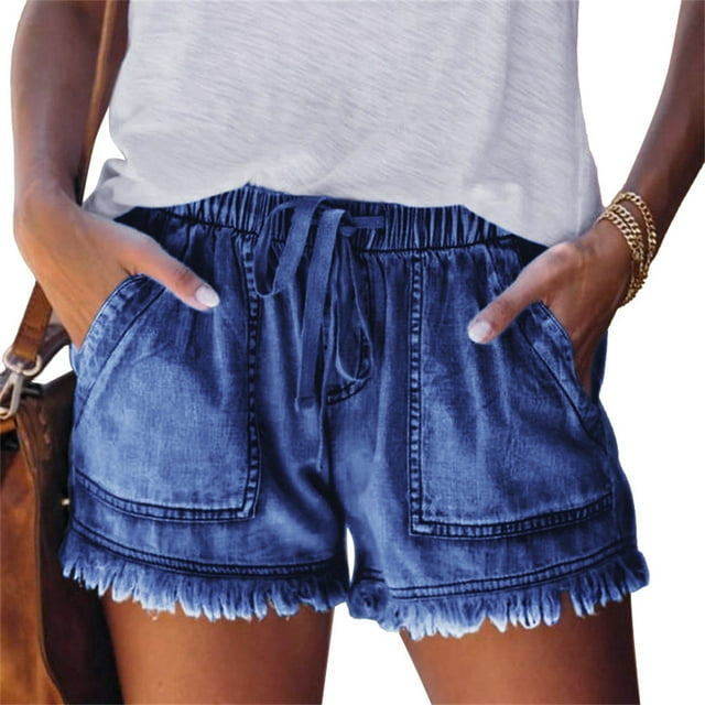 Pantalones cortos de mezclilla suaves para mujer, pantalones cortos de tela vaquera para niñas y adolescentes, ropa de verano para mujer Prendas para la parte inferior del cuerpo Azul oscuro L Minnieouse AP010851-18
