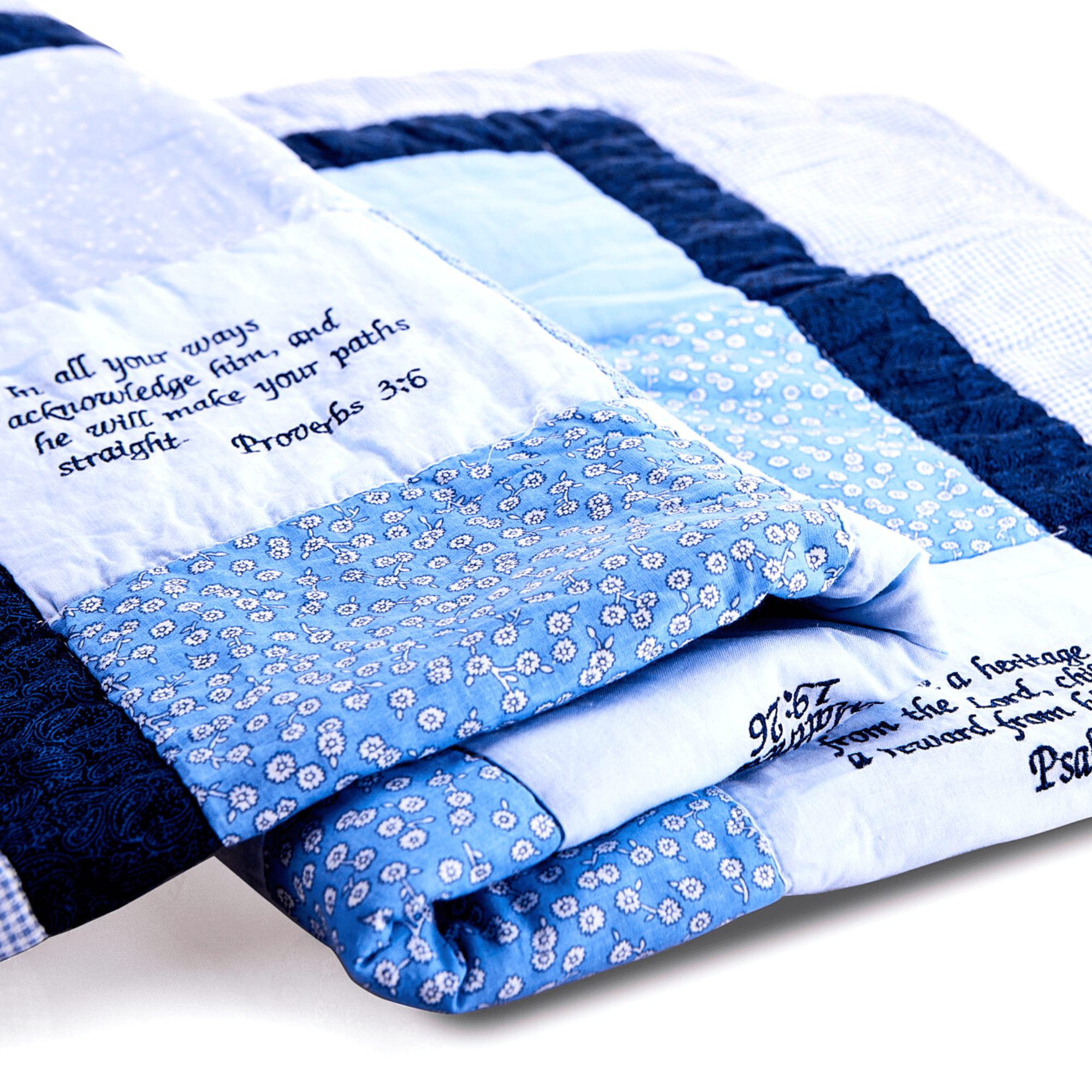 Embroidered Scripture Baby Quilt, Blue