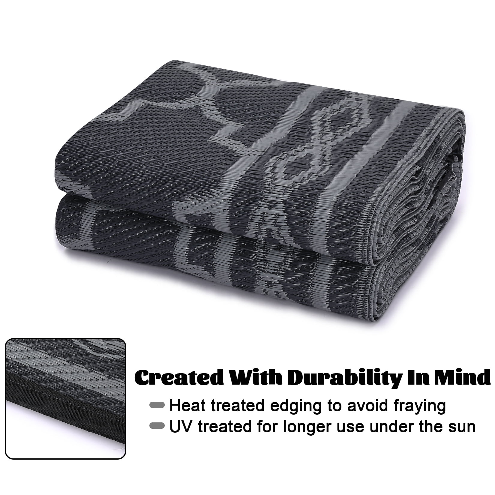HOMERRY Geometric Moroccan Outdoor Rug Straw Plastic Area Rug for Balcony Pool RV Waterproof Reversible Carpet, Gray/Black, 9'x 18'