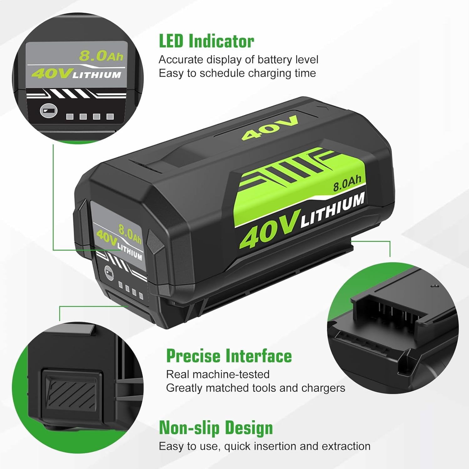 2Pack 8.0Ah Replacement for Ryobi 40V Battery Lithium Ion and OP401 Charger Compatible with Ryobi 40 Volt Battery OP4026 OP4050A OP4040 OP4030 OP4050 Replacement for 40v OP401 Charger (Green-3P)