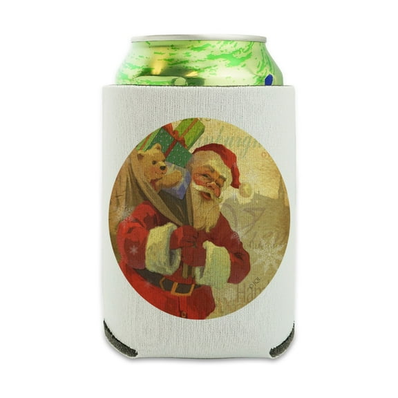 Christmas Holiday Retro Antique Santa Route Can Cooler - Drink Sleeve Hugger Collapsible Insulator - Beverage Insulated Holder