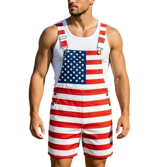 Bib Overalls for Men Bold American Flag Print Short Romper, Casual Daily & 4th of July Festival Outfit, 5XL