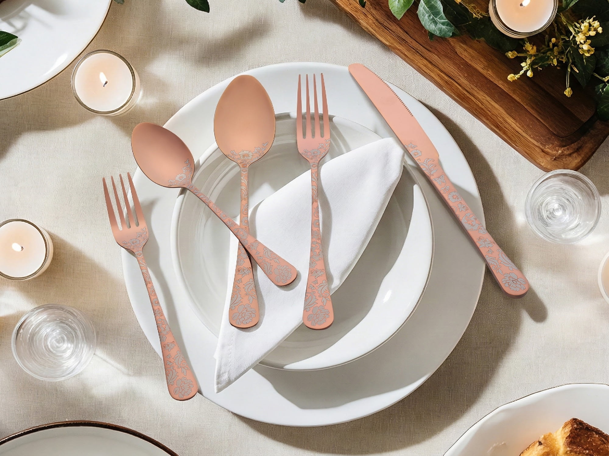 Unique Bargains 30-Pieces Floral Stainless Steel Flatware Set for 6 Rose Gold