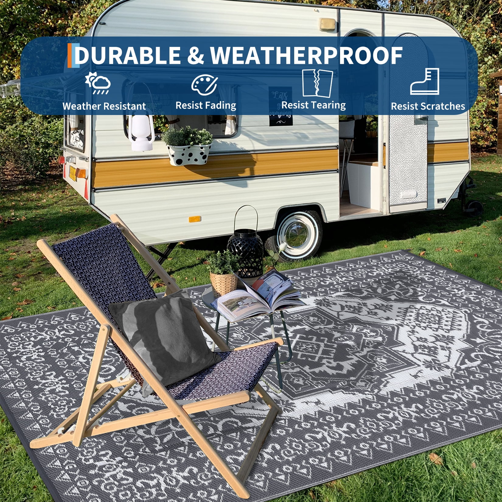 JoanKaren Waterproof Outdoor Rug,9'x18' Reversible Patio Mat,Outside Plastic Grass Mat Straw Rug Backyard Floor Mat for Picnic RV Camping Porch Balcony,Grey & White