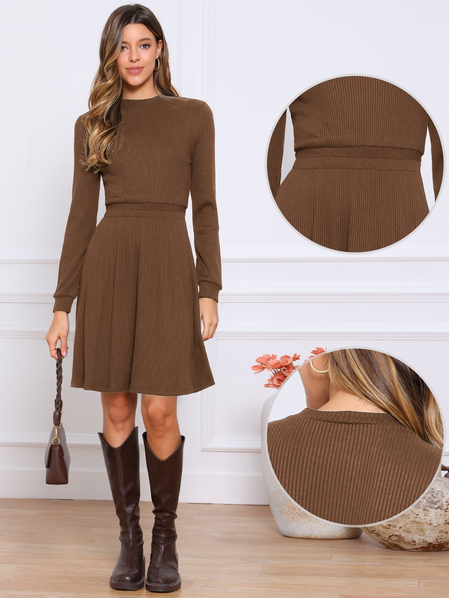DARING DIVA Women's Long Sleeve Fall A-Line Ribbed Knit Crew Neck Dress L Brown