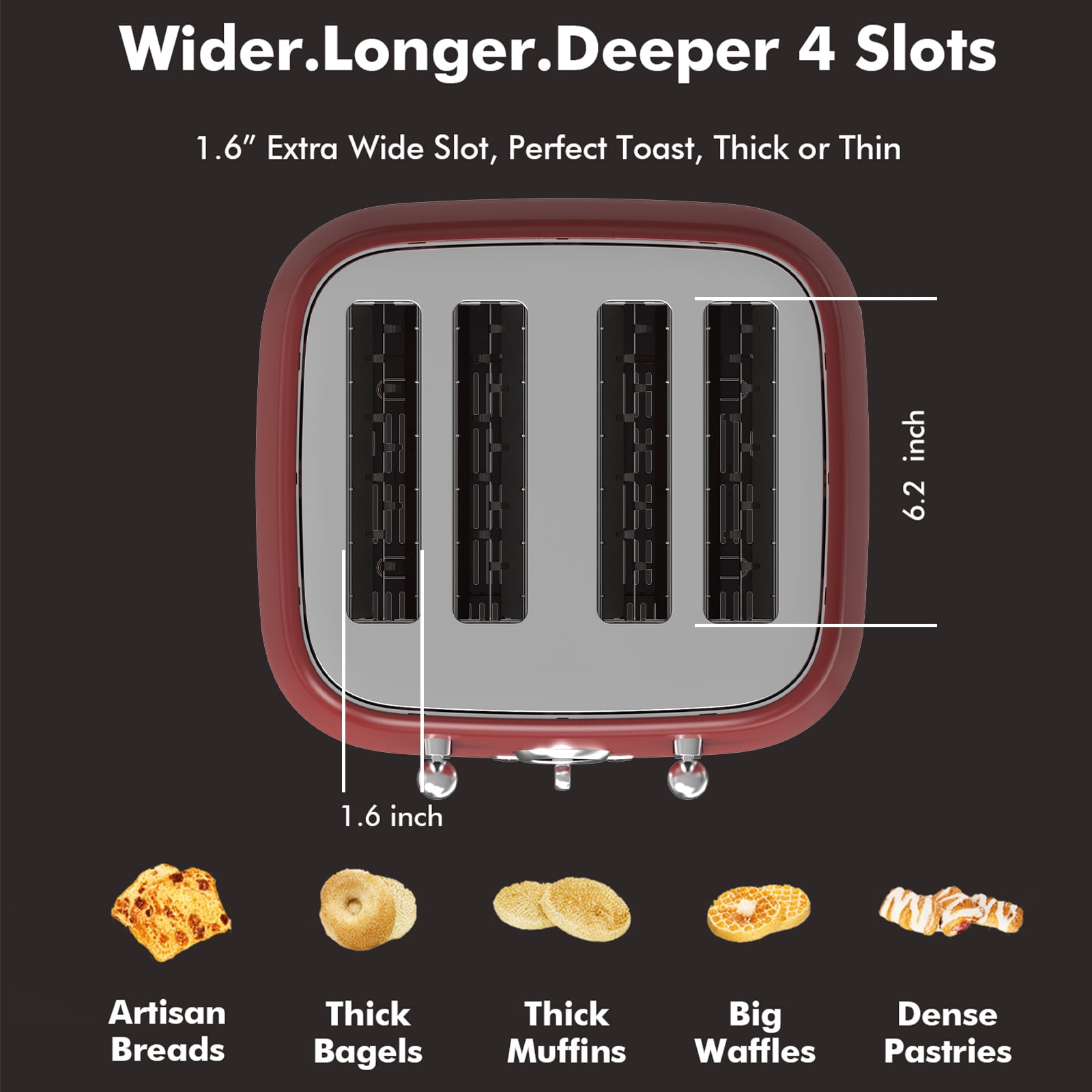 LONGDEEM 4 Slice Toaster - 6 Browning Options, Wide Slots, High Lift Lever, Dual Controls - Red
