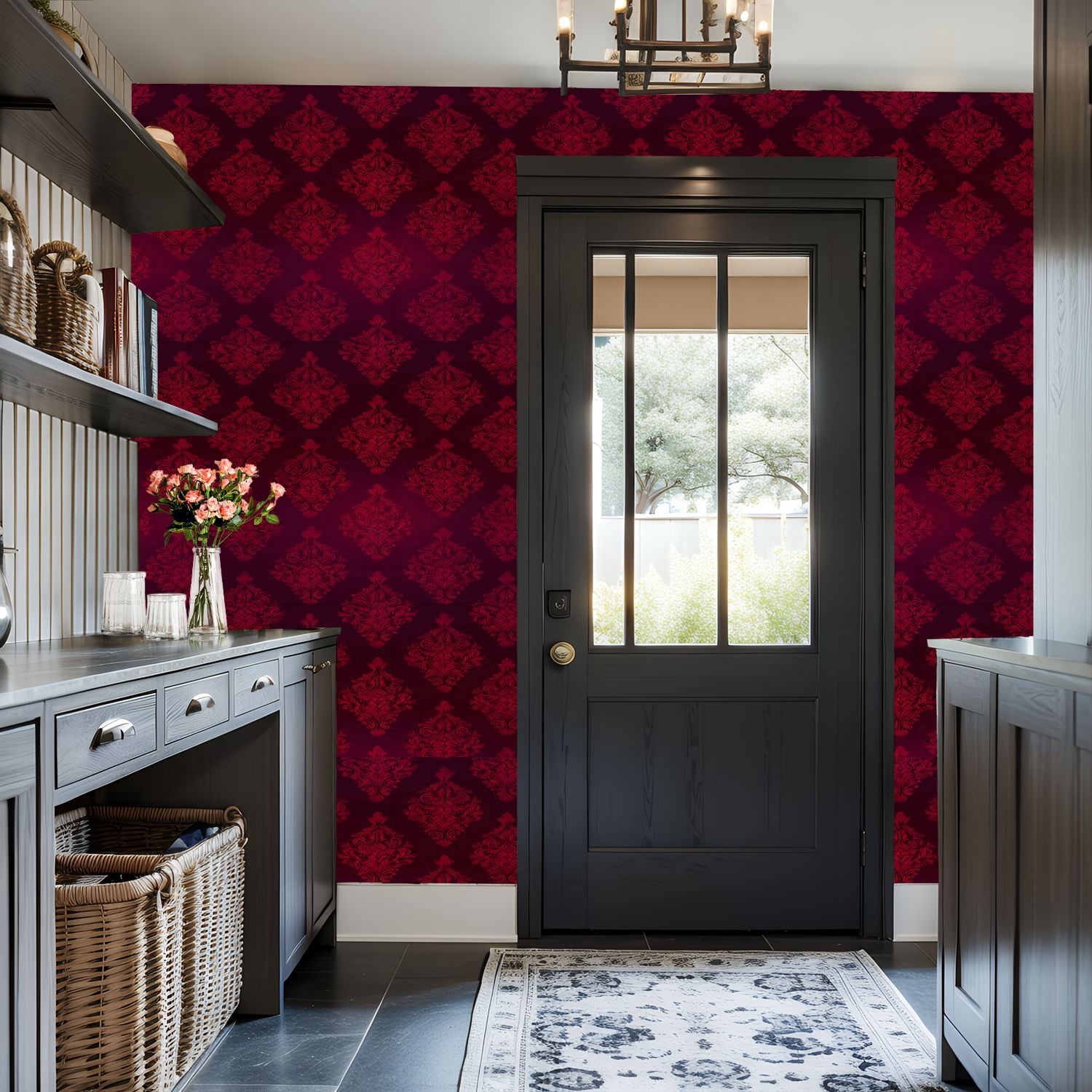 Peel and Stick Wallpaper Damask Ornamental Deep Red Burgundy Elegant Baroque Wall Mural 17.7in x 9.8ft Self Adhesive Removable Wall Paper Renter Friendly Wallpaper for Nursery Bedroom Cabinets