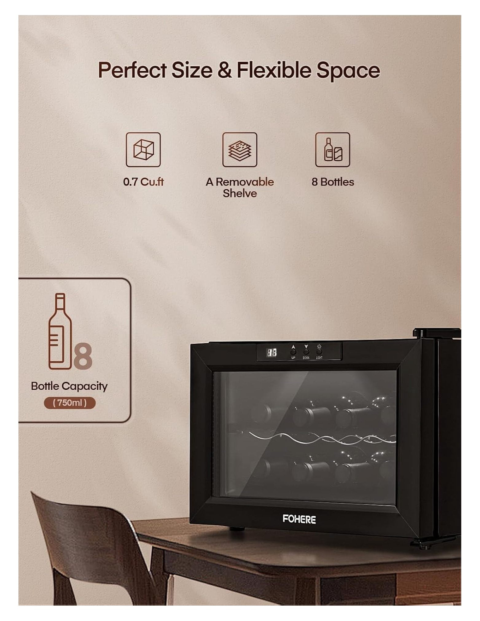 8 Bottles Wine Cooler Refrigerator, Wine Fridge with Double Glass Doors, LED Light, Digital Temperature Control, Wine Cellar for Bar, Home, Office