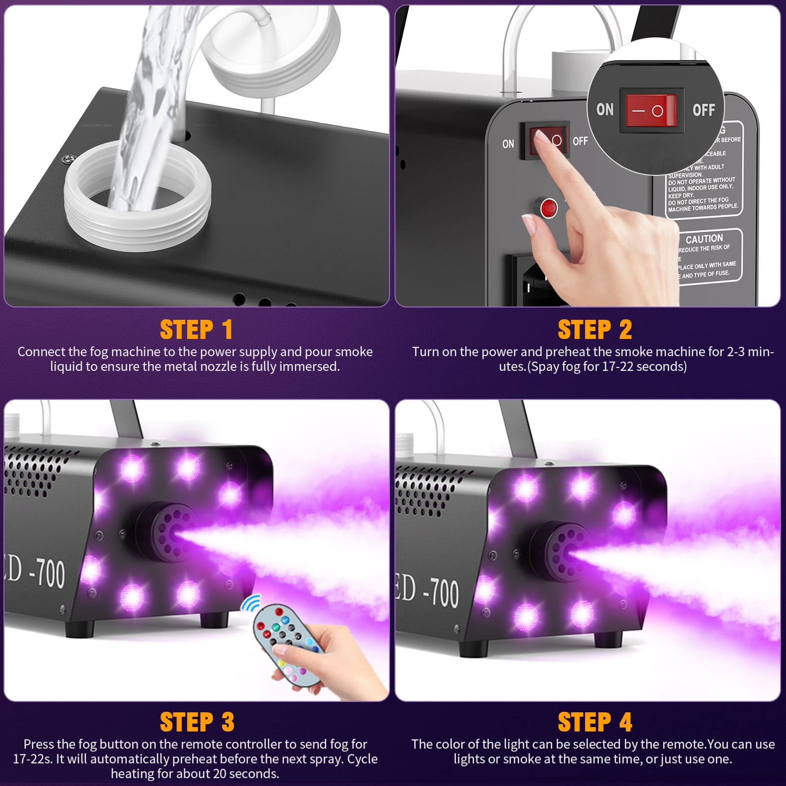 700W Fog Machine with 15 Colorful LED Lights Effect, 3000CFM, Remote Control - for Weddings, Halloween, Parties & Stage Shows