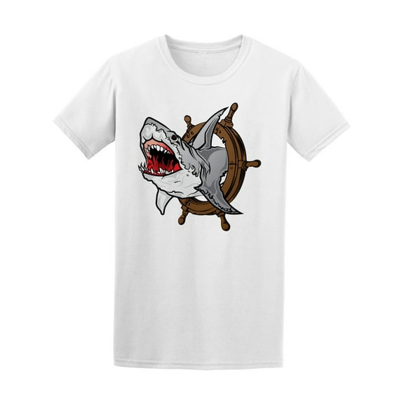Fierce Shark On Ship Helm T-Shirt Men -Image by Shutterstock, Male Medium