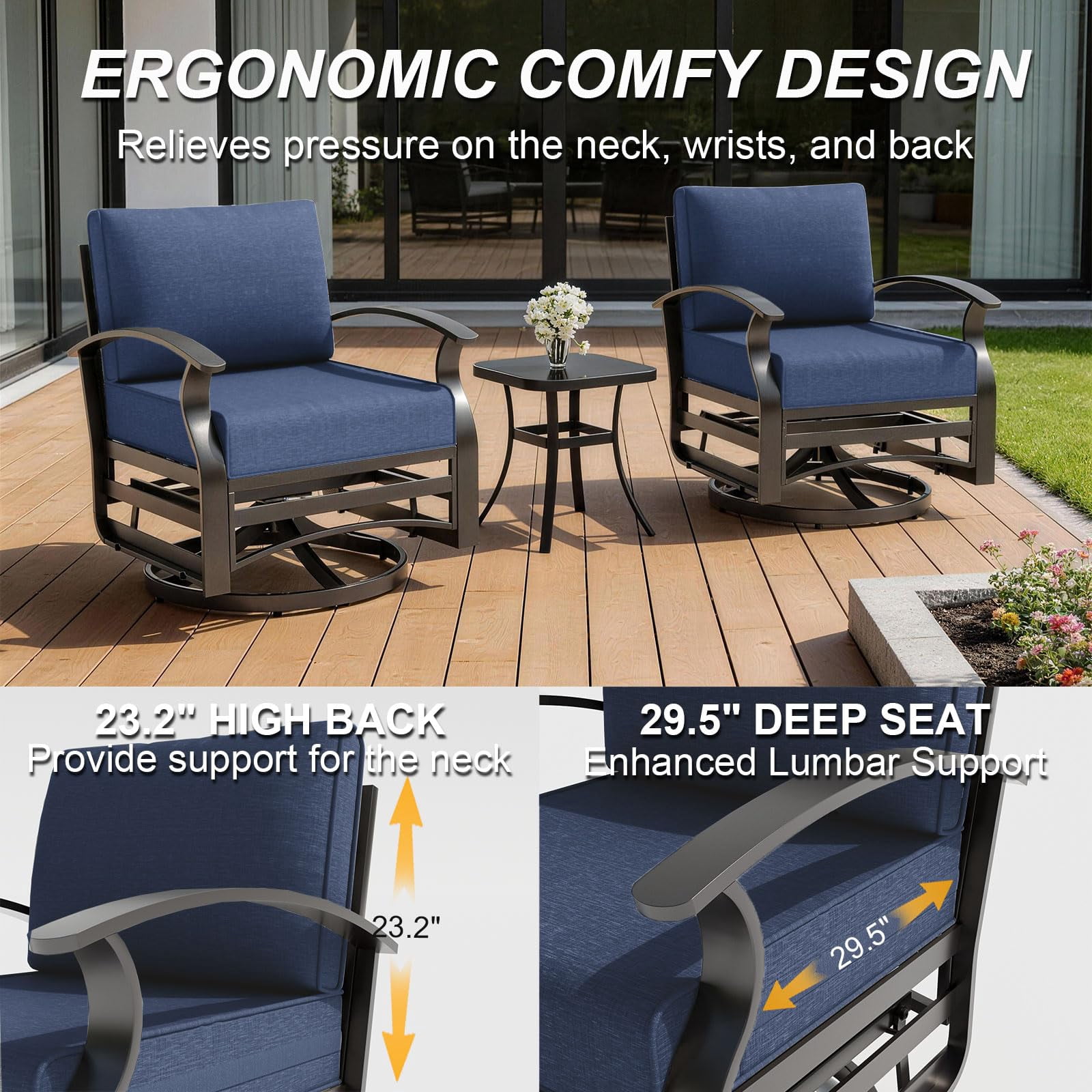 Gotland 3PCS Outdoor Aluminum Swivel Rocking Chairs, 2-Person Patio Furniture Conversation Set with Coffee Table and Cushions, Navy Blue