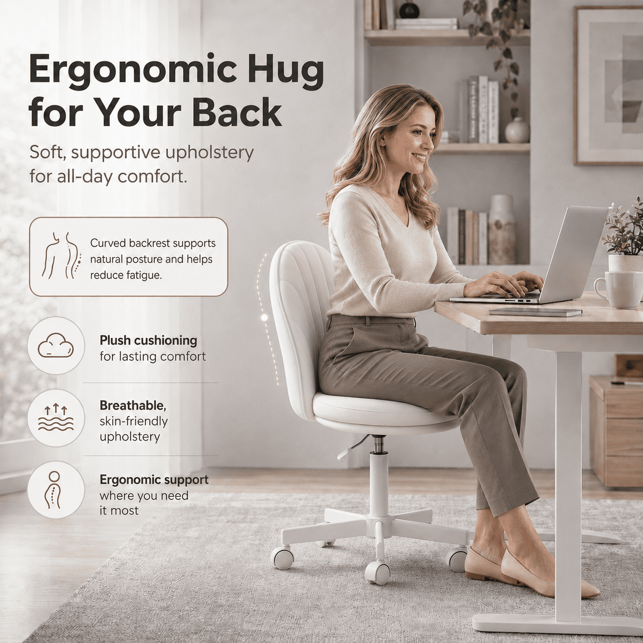 LUCKLIFE Office Desk Chair with Shell Back, 17.7"-23.6" Height Adjustable PU Leather Mid-Back Task Chair, Armless Computer Chair for Home Office, White