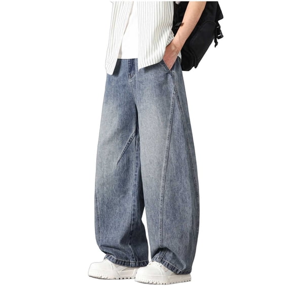 LODIENY Baggy Jeans for Men Wide Leg Hip Hop Elastic Waist Drawstring Trousers Stylish Loose Fit Denim Casual Streetwear Skateboard Pants with Pockets Blue M