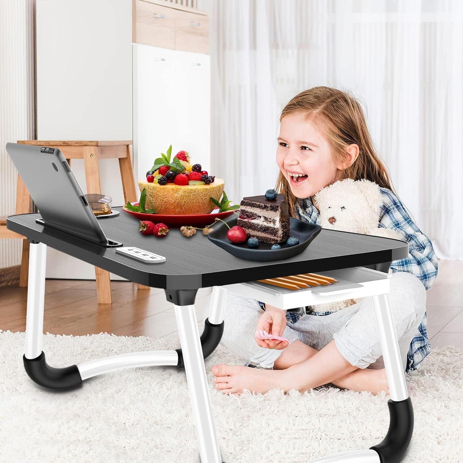BN-LINK Laptop Desk with 4 USB Ports, Laptop Bed Stand Foldable, Laptop Table Breakfast Tray Portable Lap Standing Desk