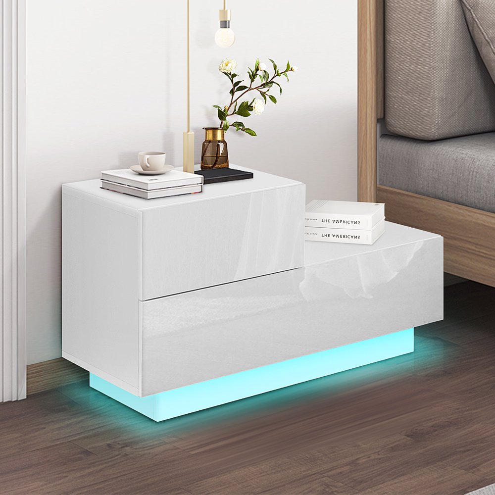 High Gloss LED Nightstand with Drawer, RGB LED Backlight, Wooden
