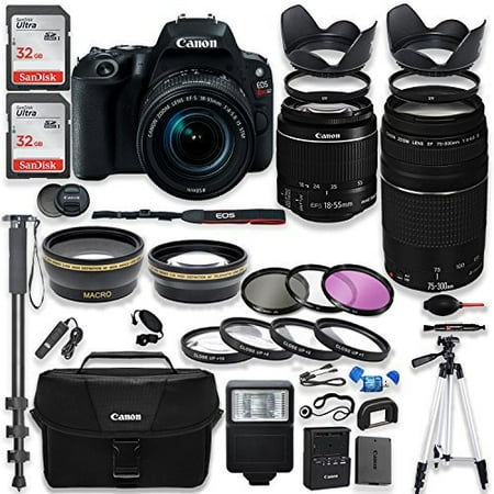 Canon EOS Rebel SL2 DSLR Camera with Canon 18-55mm IS STM Lens & 75-300mm III Lens Kit + Canon Case + 64GB Memory + Filters + Macros + Monopod + 50