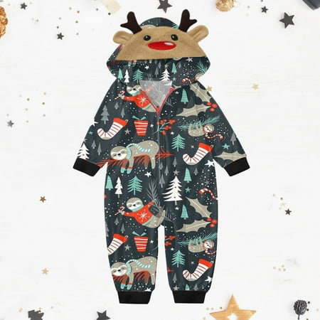 

[New Year New You 2022!] Christmas Pajamas for Family Suncoda Matching Family Christmas Onesies Pajamas Sets Elk Antler Hooded Romper PJ s Zipper Jumpsuit Loungewear (Baby)