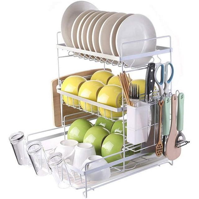 Kitchen Dish Drainer - 3 Tier Dish Drying Rack Multifunction Dish Draining Set with Removable Drip Tray Dishware Storage Rack