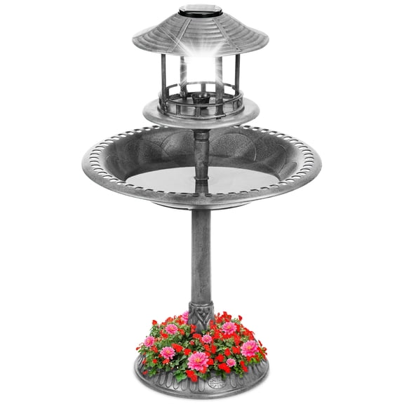 Best Choice Products Solar Outdoor Bird Bath Pedestal Fountain Garden Decoration w/ Fillable Planter Base - Stone