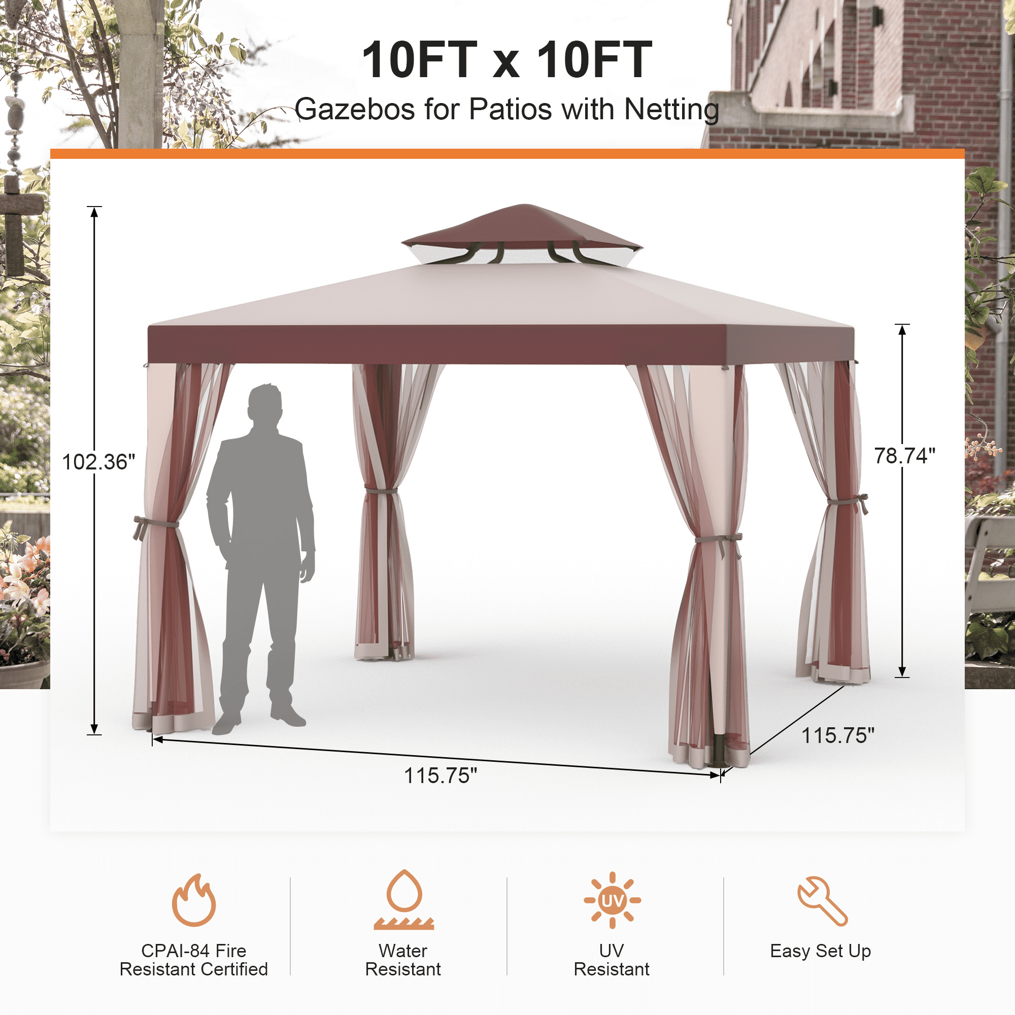 10'x10' Patio Gazebo Tent Mesh Netting Outdoor Canopy Shelter For Garden,Red