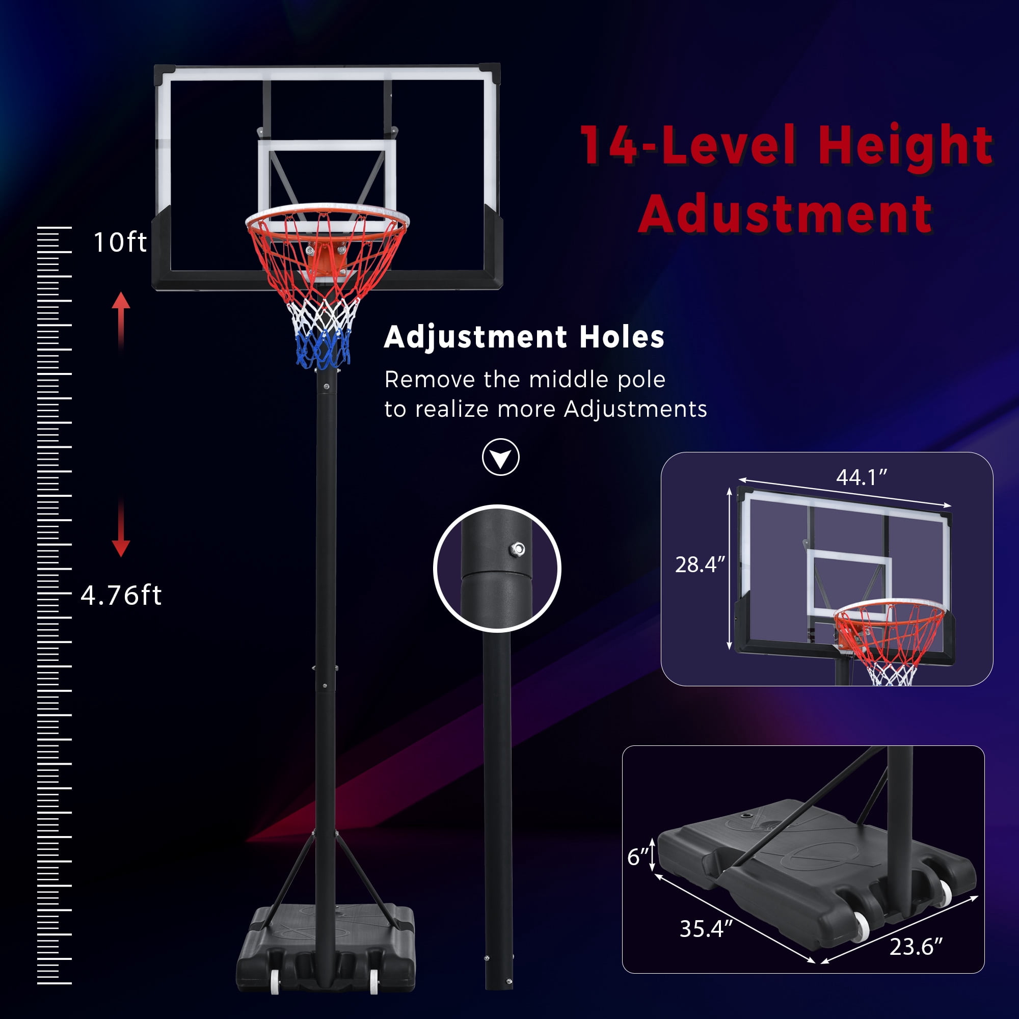 Portable Basketball Hoop 4.76-10ft Height Adjustable with LED Basketball Hoop Lights, for Youth Adults