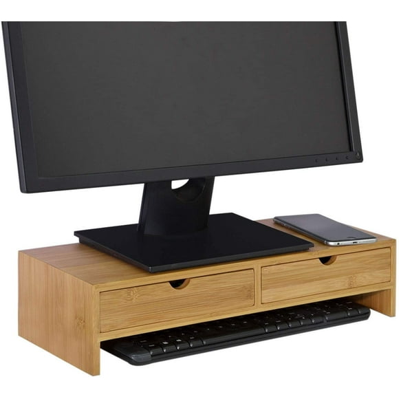SoBuy FRG198-N,Bamboo Monitor Stand Computer Screen Monitor Stand Monitor Riser Desk Organizer with 2 Drawers