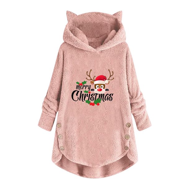 Pntutb Mujer Casual Navidad Impresión Felpa Botones Manga Larga Con Capucha Felpa Abrigo top Selecciones Flash Pntutb Pntutb-5536