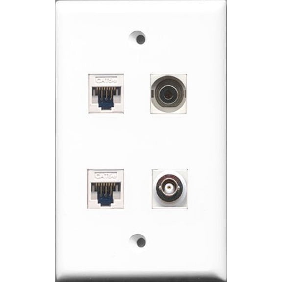 RiteAV - 1 Port 3.5mm and 1 Port BNC 2 Port Cat5e Ethernet White Wall Plate